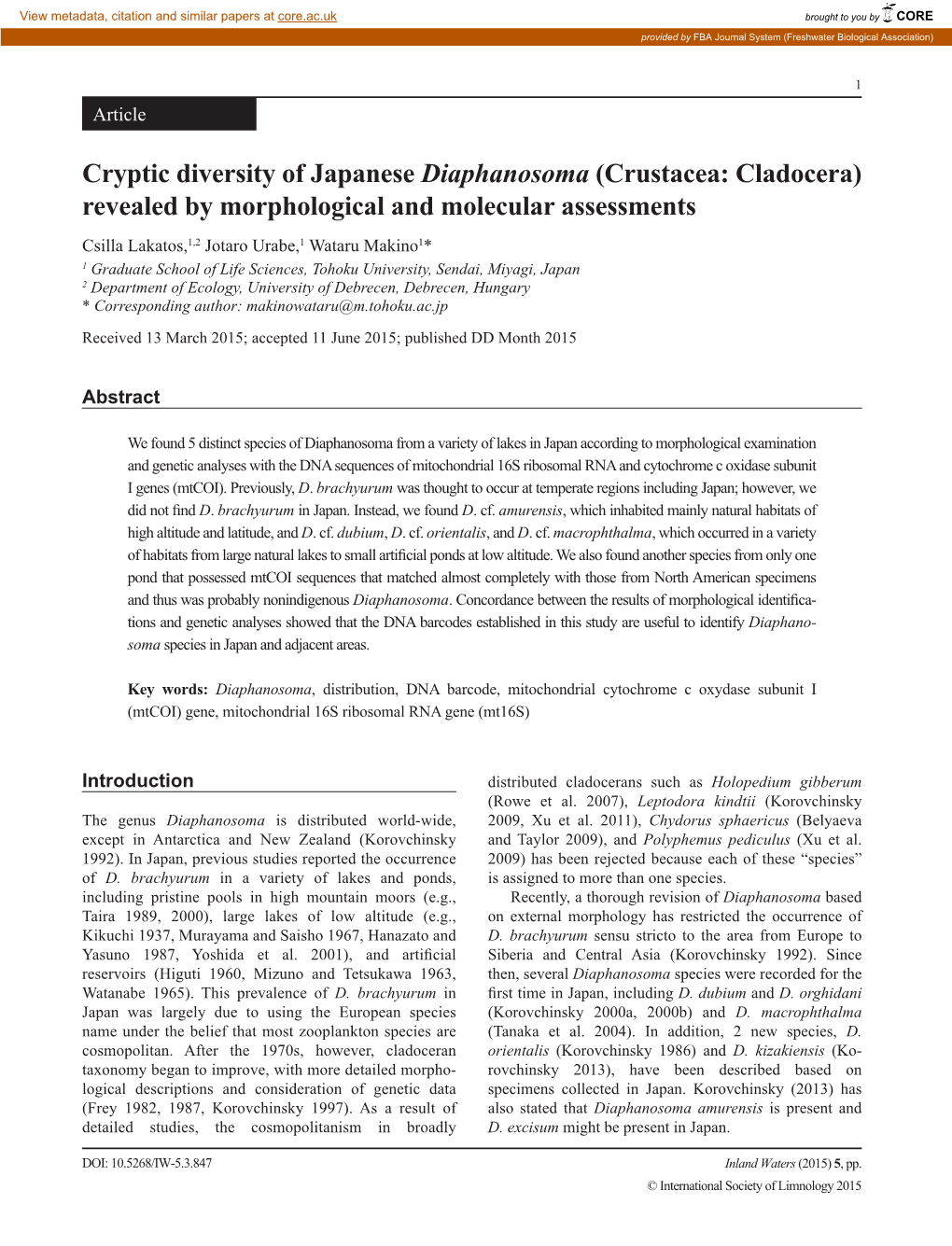 Cryptic Diversity of Japanese Diaphanosoma (Crustacea: Cladocera)