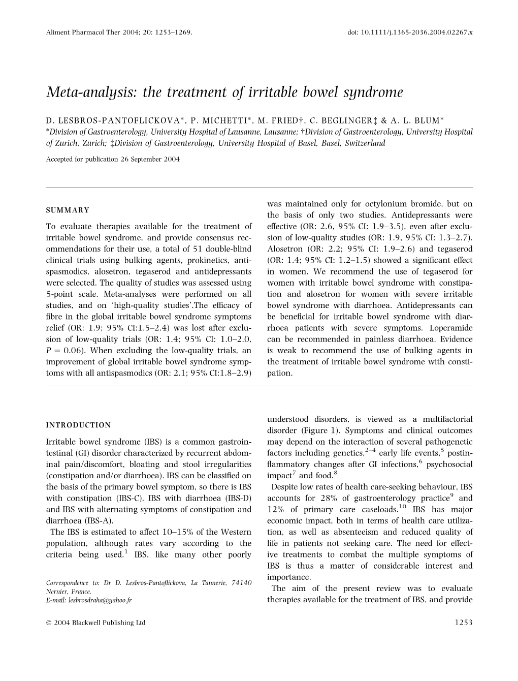 Meta-Analysis: the Treatment of Irritable Bowel Syndrome