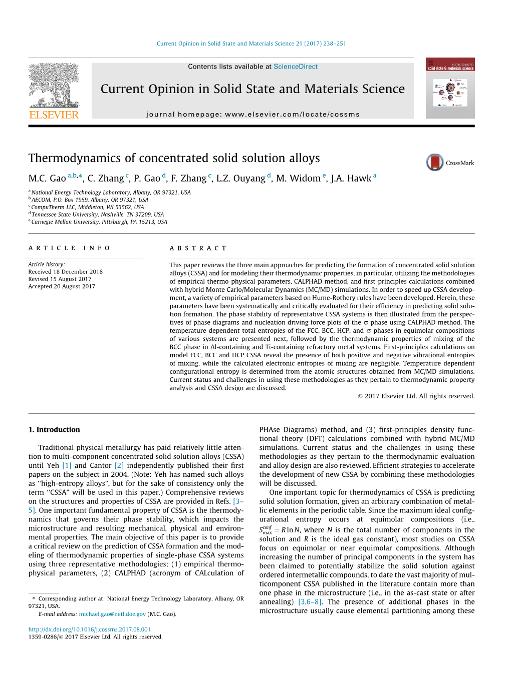 Thermodynamics of Concentrated Solid Solution Alloys ⇑ M.C