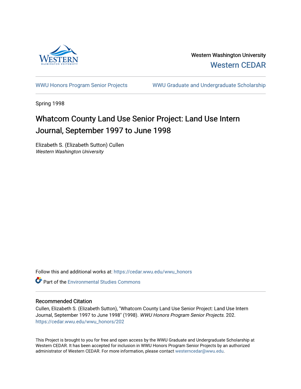 Whatcom County Land Use Senior Project: Land Use Intern Journal, September 1997 to June 1998
