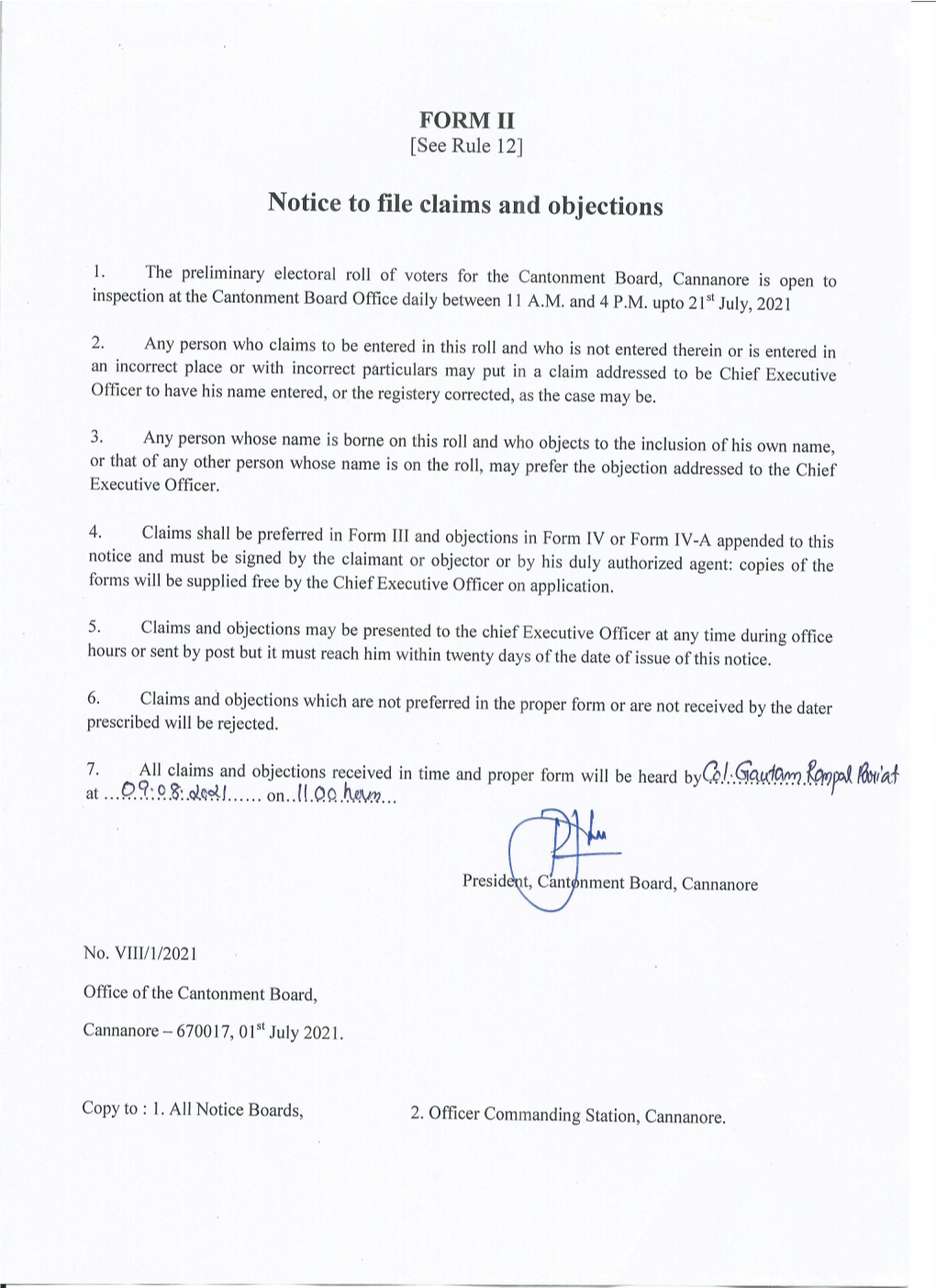 Notice to File Claims and Objections – the Preliminary Electoral Roll Of
