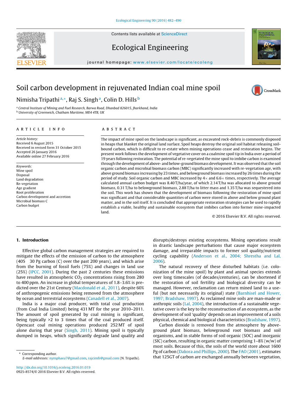 Soil Carbon Development in Rejuvenated Indian Coal Mine Spoil