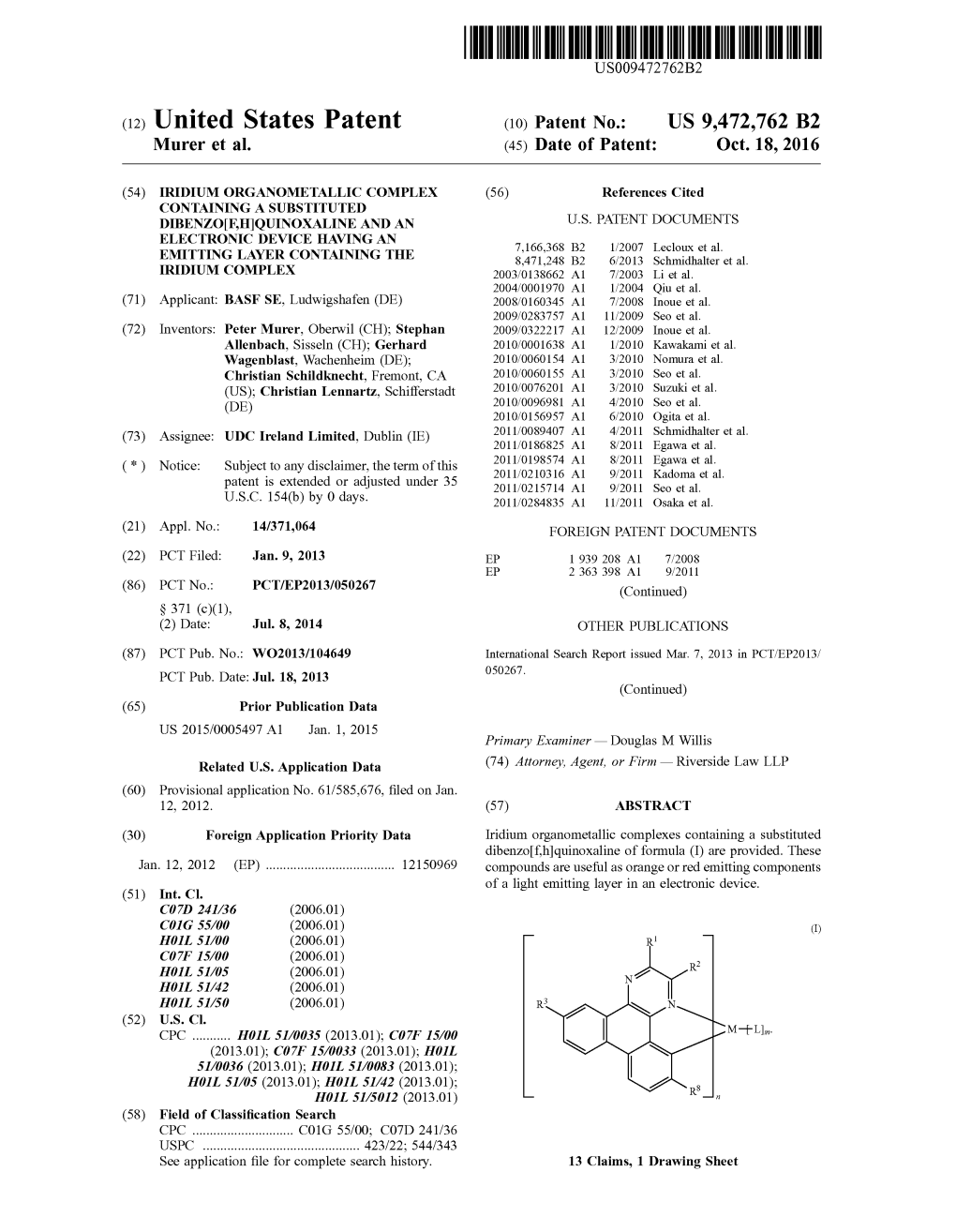 (12) United States Patent (10) Patent No.: US 9.472,762 B2 Murer Et Al