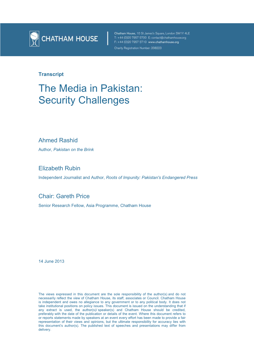 The Media in Pakistan: Security Challenges