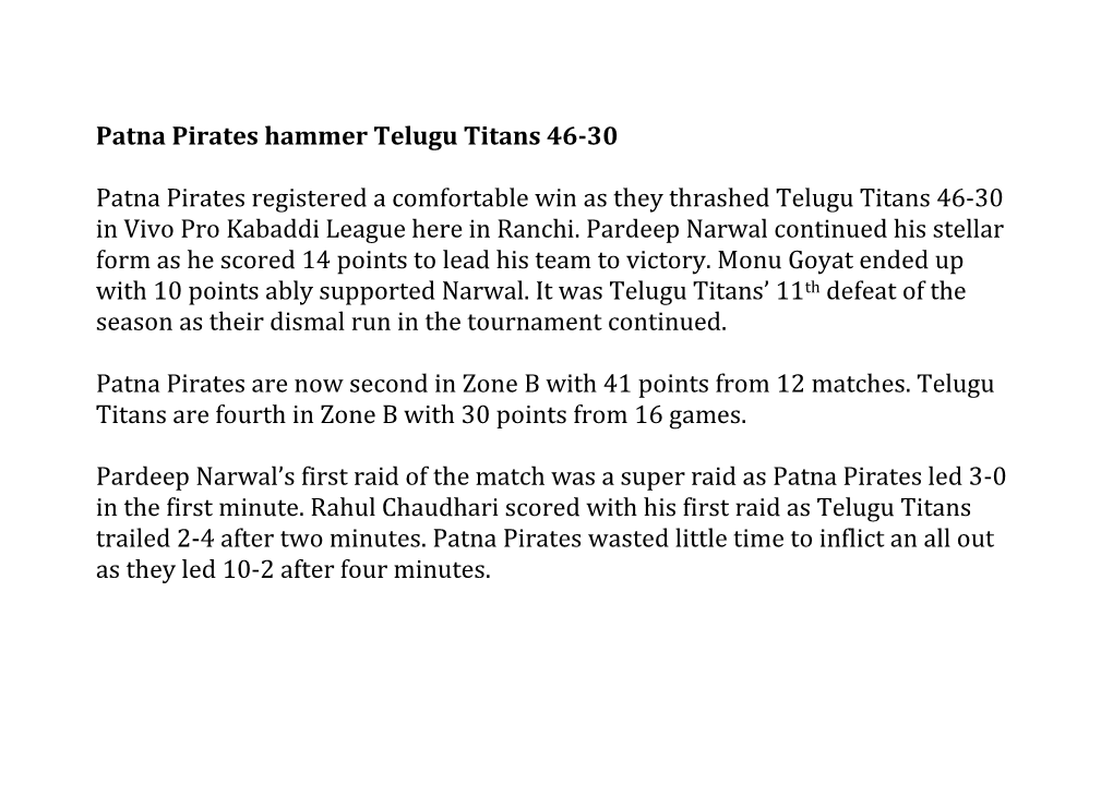 Patna Pirates Hammer Telugu Titans 46-30