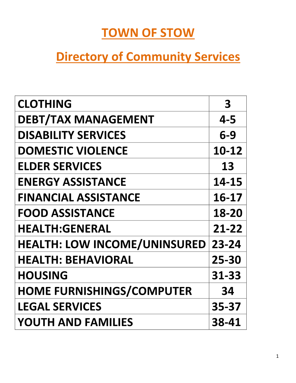 TOWN of STOW Directory of Community Services