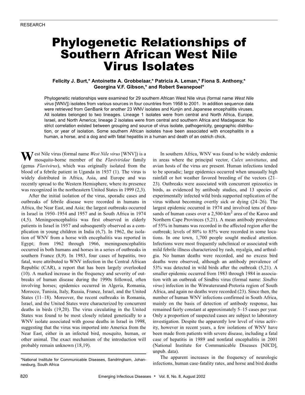 Phylogenetic Relationships of Southern African West Nile Virus Isolates Felicity J