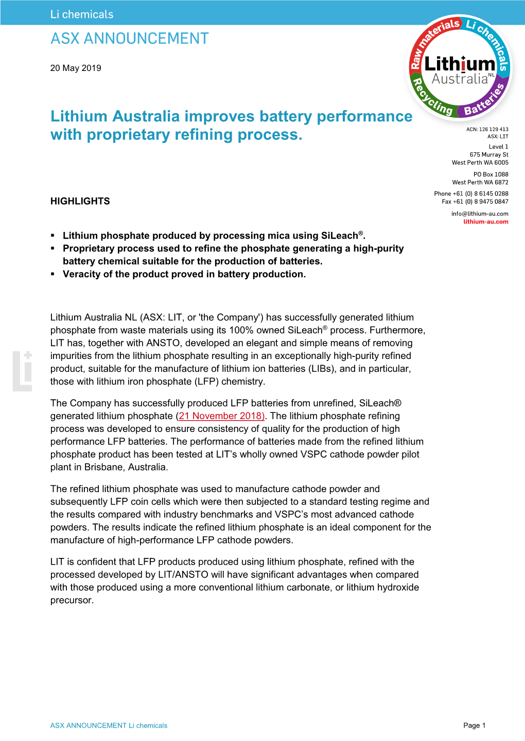 Lithium Australia Improves Battery Performance with Proprietary Refining Process