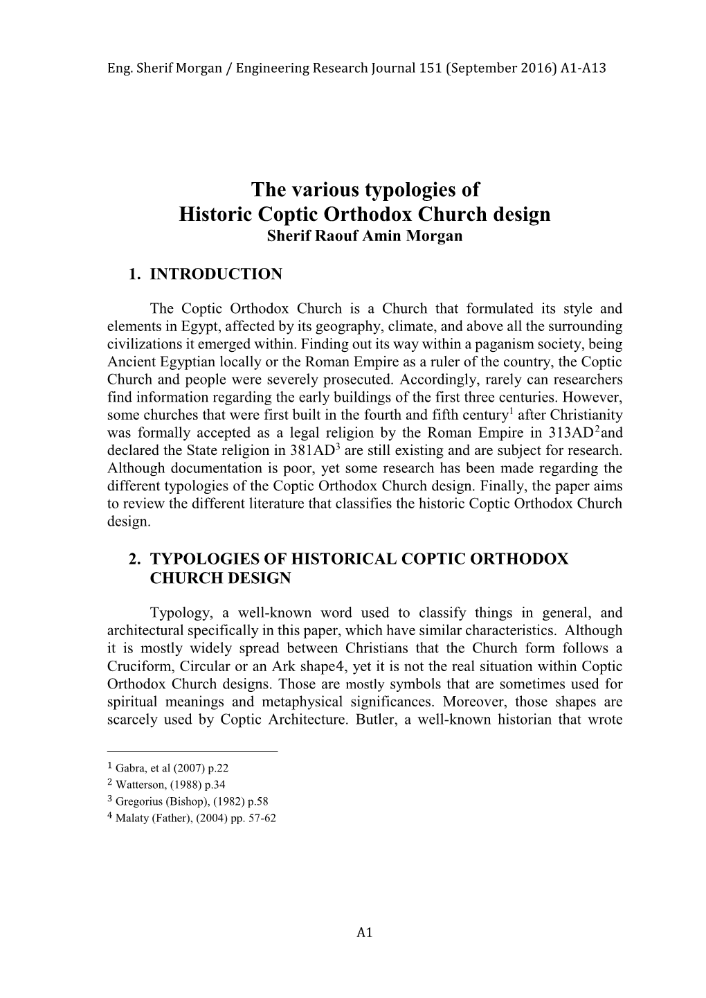 The Various Typologies of Historic Coptic Orthodox Church Design Sherif Raouf Amin Morgan