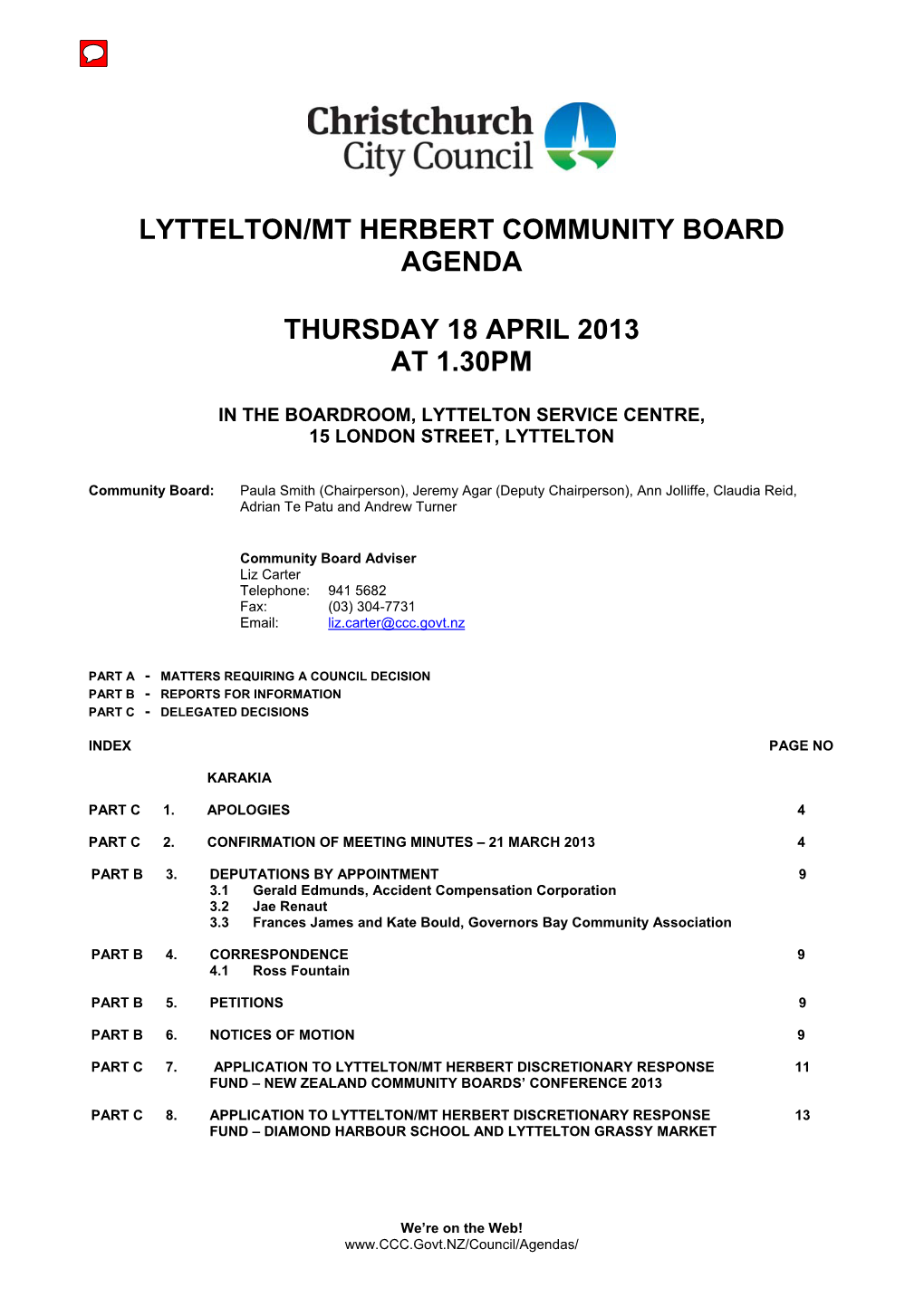 Lyttelton/Mt Herbert Community Board Agenda 18 April 2013 Page 2