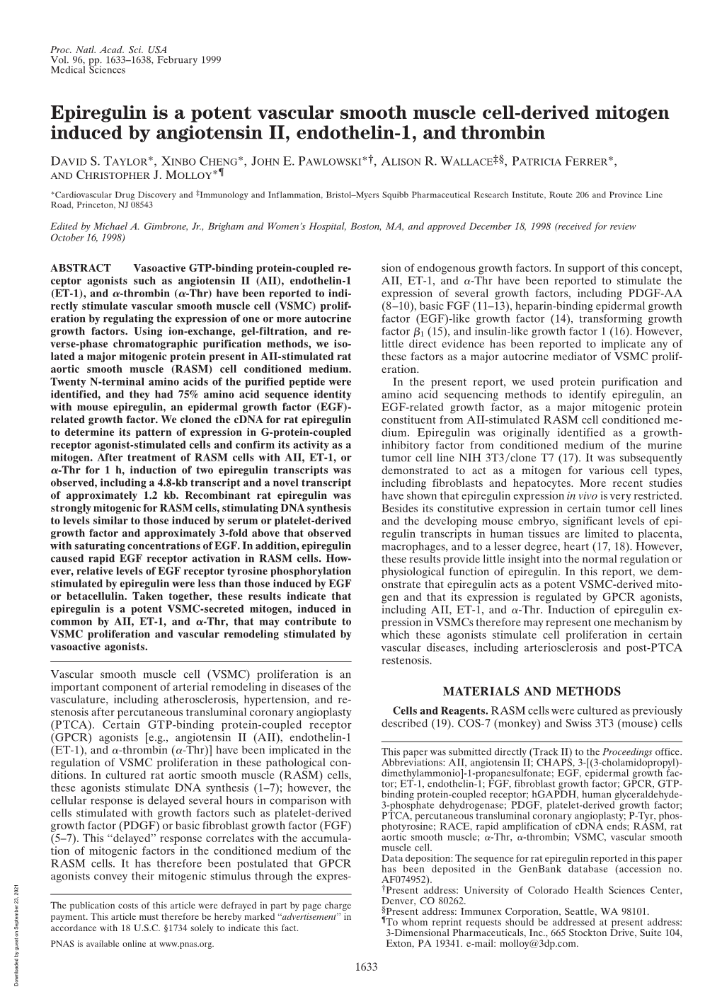 Epiregulin Is a Potent Vascular Smooth Muscle Cell-Derived Mitogen Induced by Angiotensin II, Endothelin-1, and Thrombin