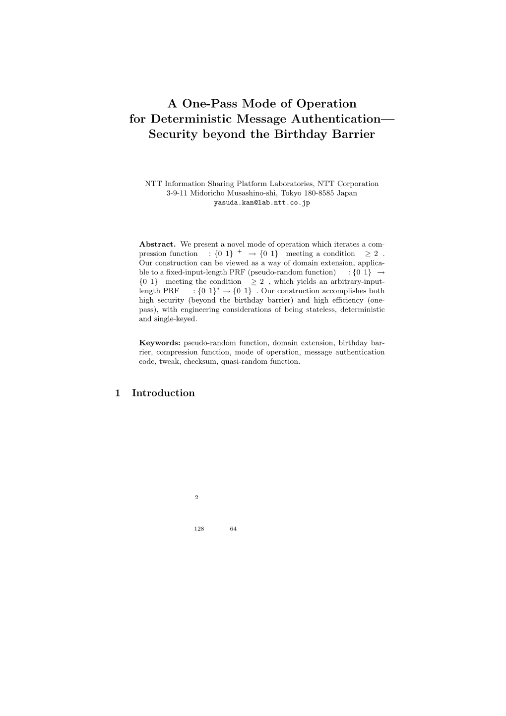 A One-Pass Mode of Operation for Deterministic Message Authentication— Security Beyond the Birthday Barrier