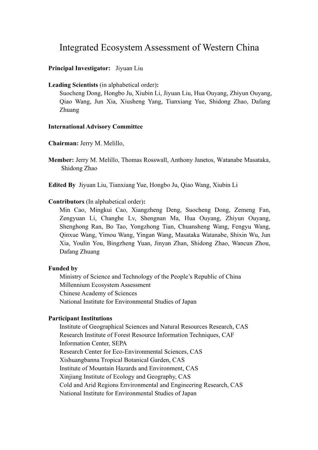 Integrated Ecosystem Assessment of Western China