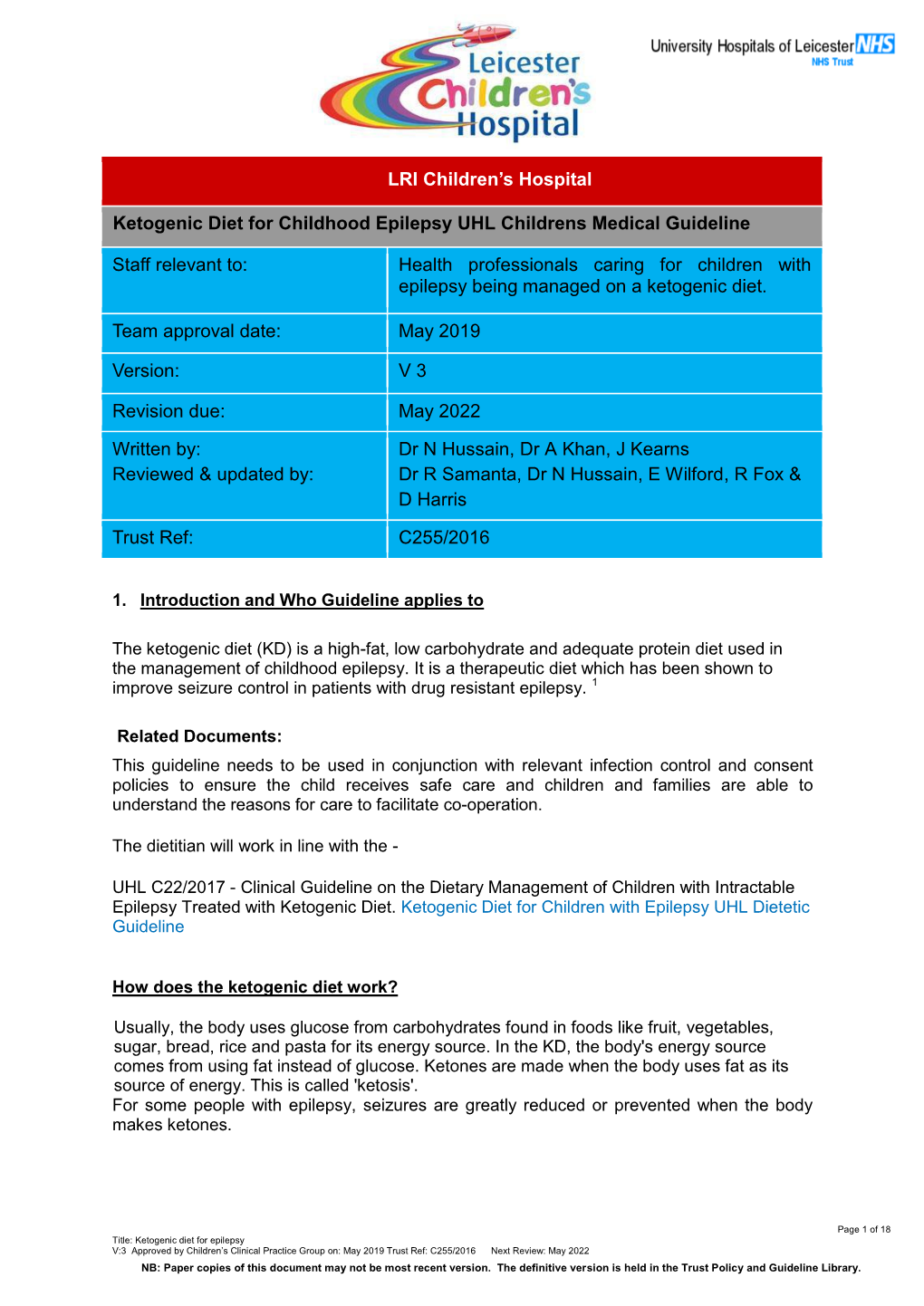 Ketogenic Diet for Childhood Epilepsy UHL Childrens Medical Guideline