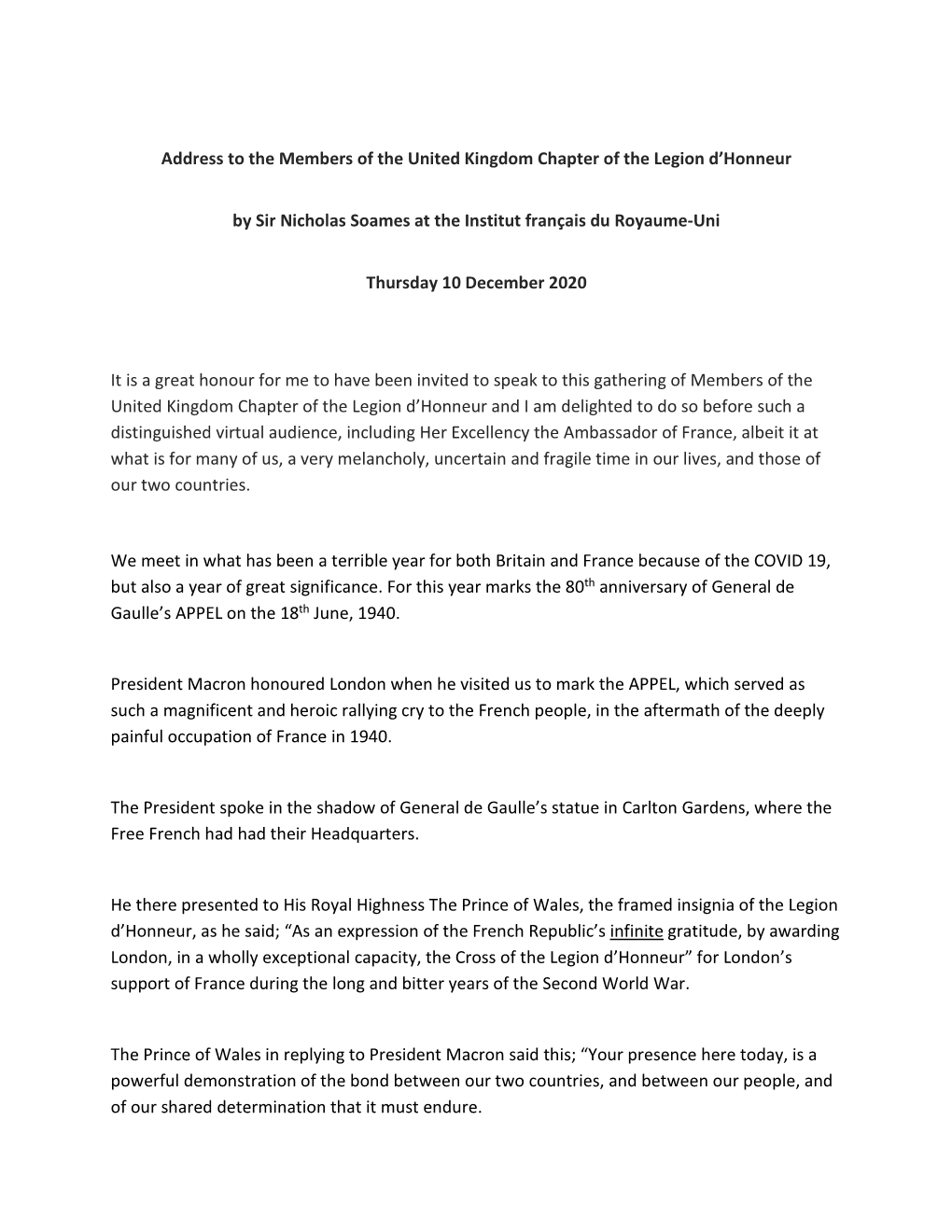 Address to the Members of the United Kingdom Chapter of the Legion D’Honneur