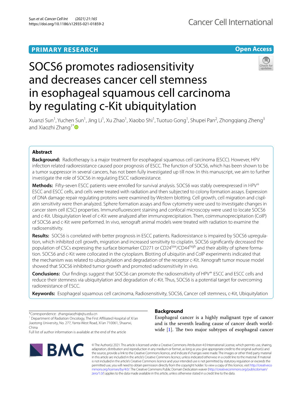 SOCS6 Promotes Radiosensitivity and Decreases Cancer Cell Stemness in Esophageal Squamous Cell Carcinoma by Regulating C-Kit