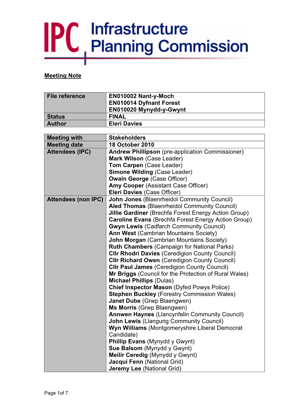 Meeting Note File Reference EN010002 Nant-Y-Moch EN010014