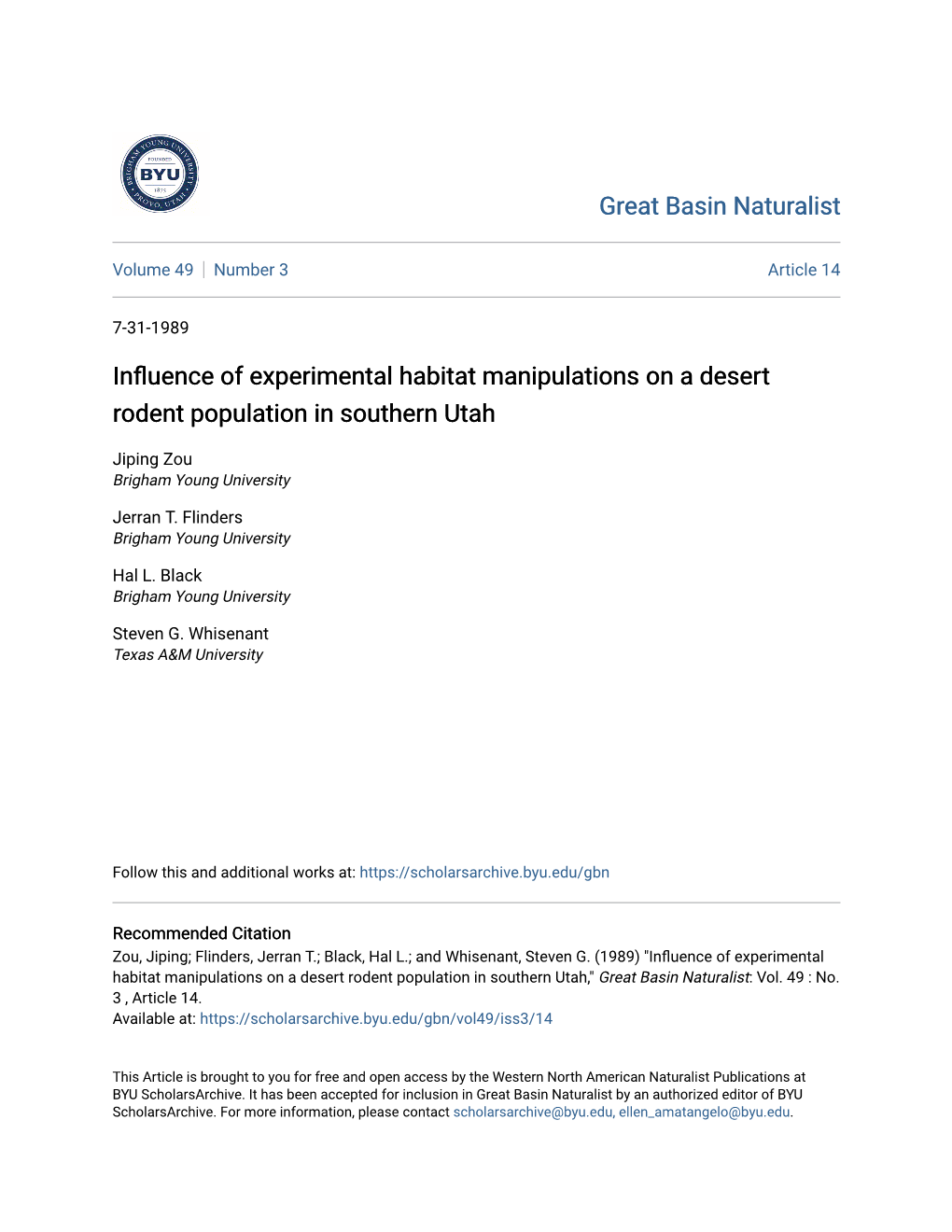 Influence of Experimental Habitat Manipulations on a Desert Rodent Population in Southern Utah