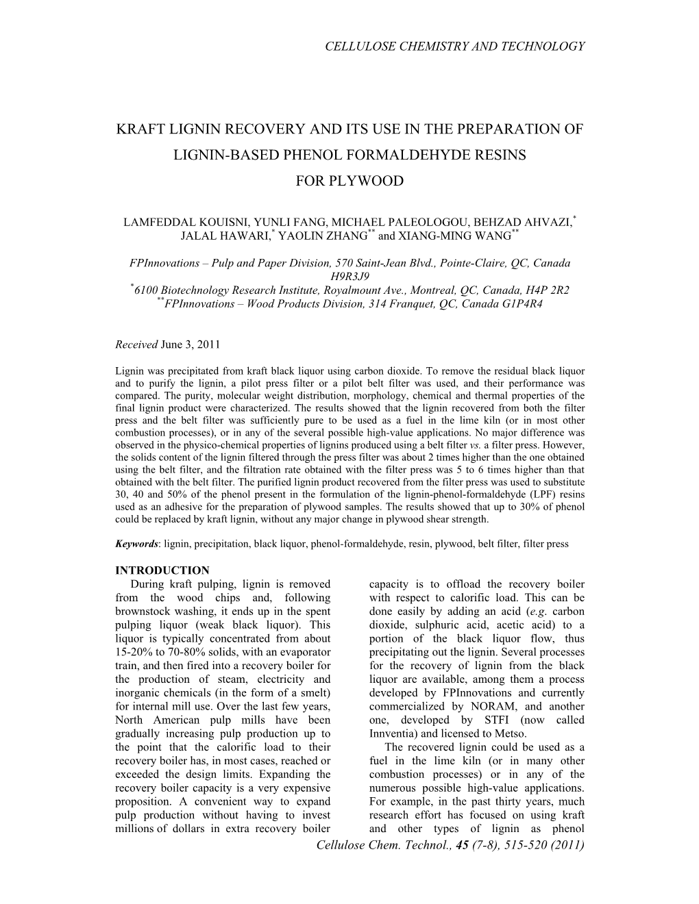 Kraft Lignin Recovery and Its Use in the Preparation of Lignin-Based Phenol Formaldehyde Resins for Plywood