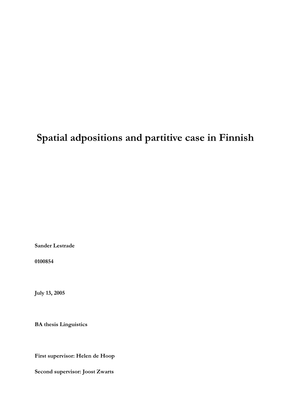 Spatial Adpositions & Partitive Case in Finnish