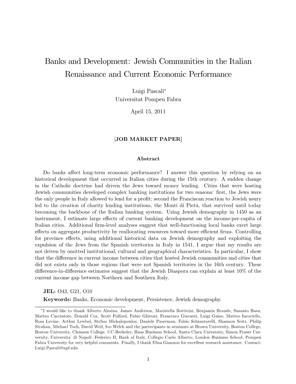 Banks and Development: Jewish Communities in the Italian Renaissance and Current Economic Performance