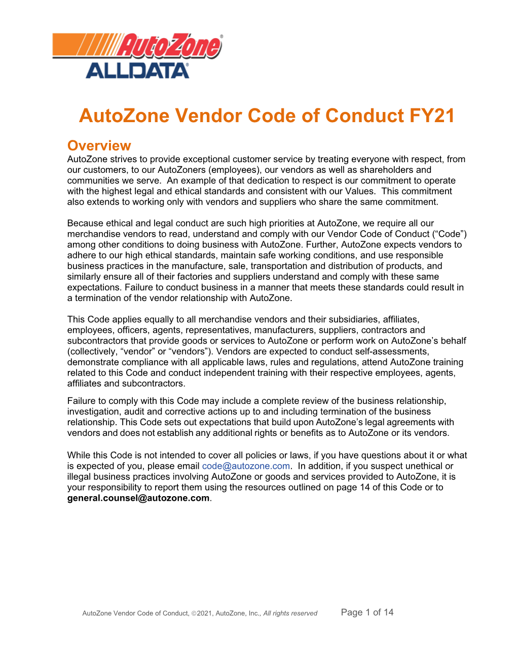 Autozone Vendor Code of Conduct FY21