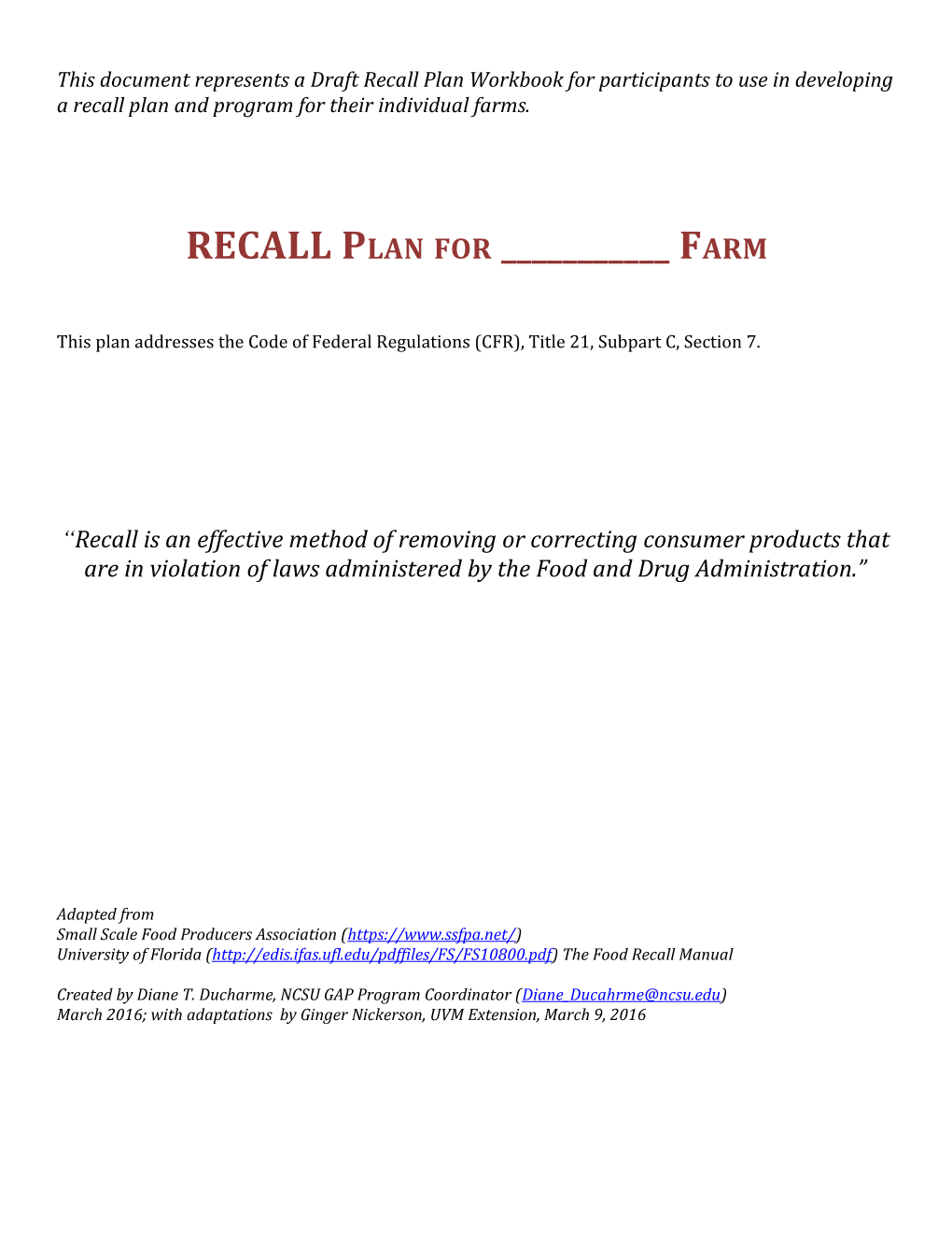 This Document Represents a Draft Recall Plan Workbook for Participants to Use in Developing