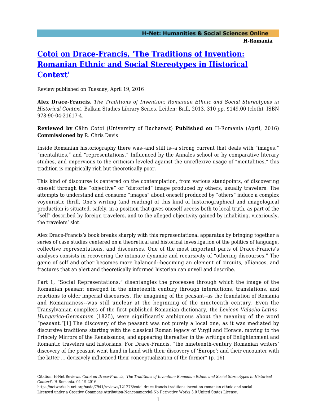 Cotoi on Drace-Francis, 'The Traditions of Invention: Romanian Ethnic and Social Stereotypes in Historical Context'