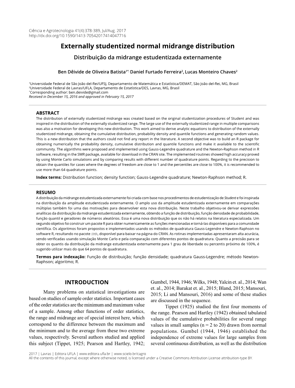 Externally Studentized Normal Midrange Distribution Distribuição Da Midrange Estudentizada Externamente