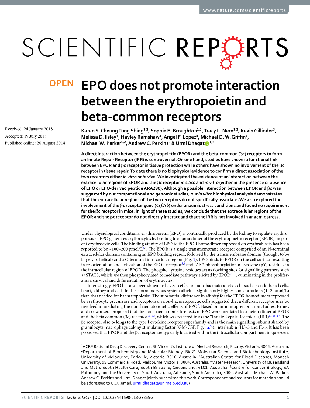 EPO Does Not Promote Interaction Between the Erythropoietin and Beta-Common Receptors Received: 24 January 2018 Karen S