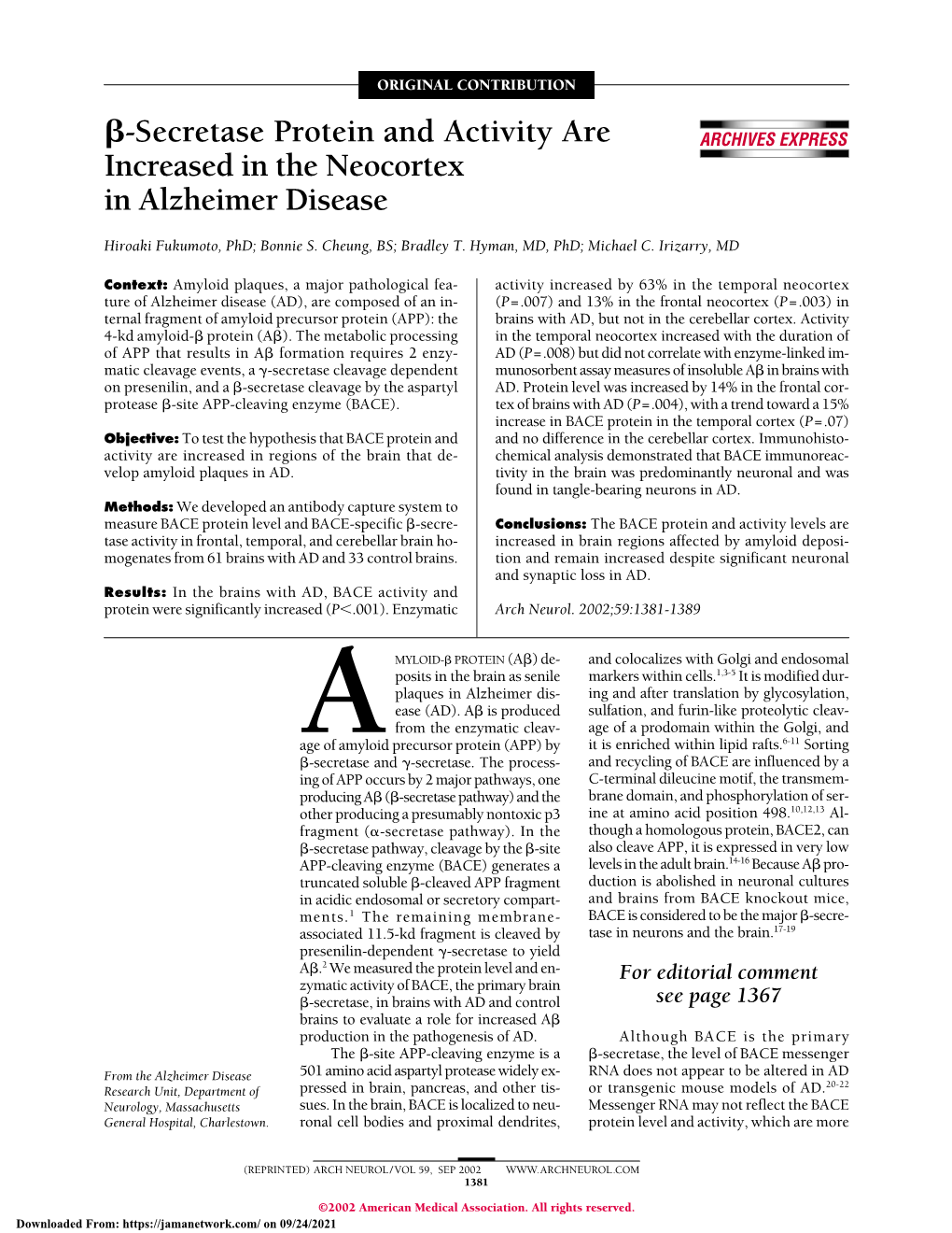 ²-Secretase Protein and Activity Are Increased in the Neocortex In