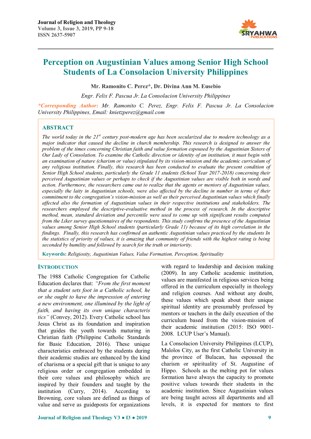 Perception on Augustinian Values Among Senior High School Students of La Consolacion University Philippines