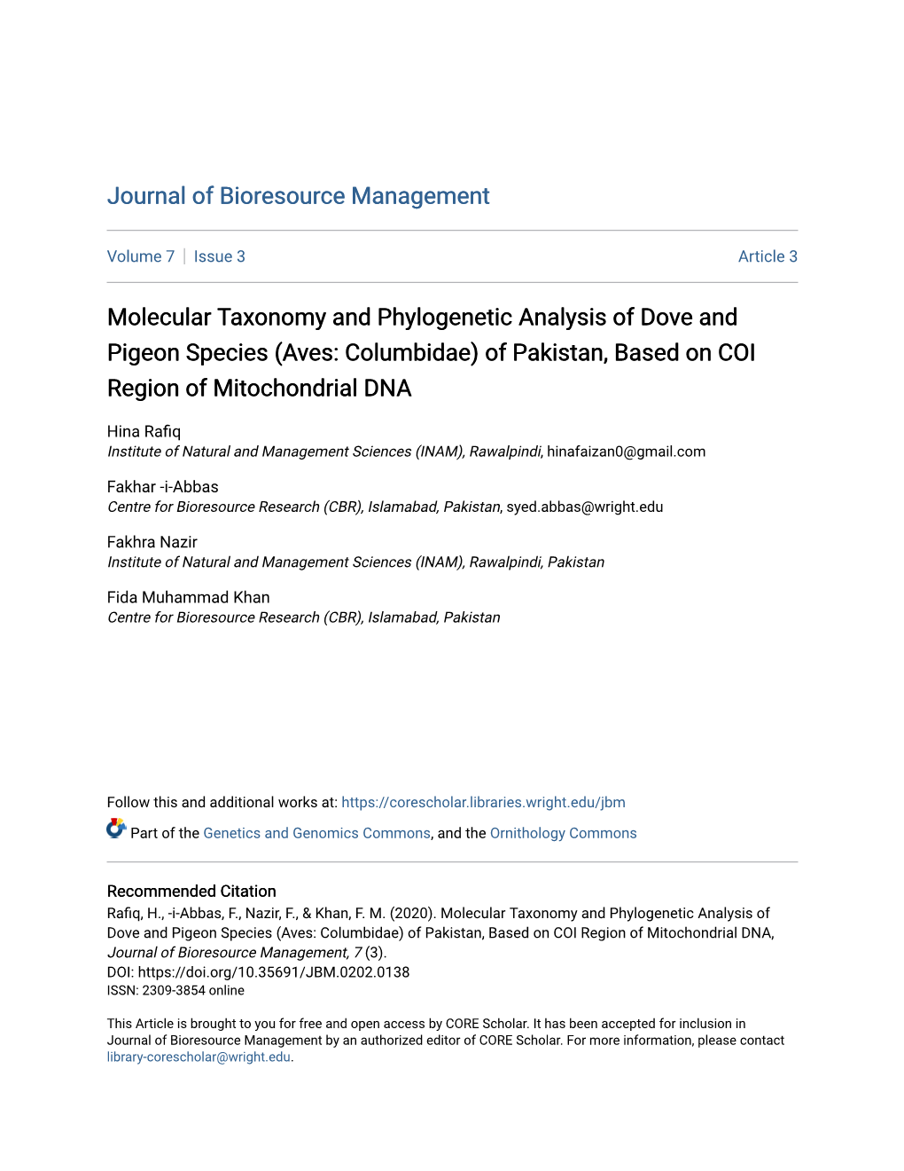 Molecular Taxonomy and Phylogenetic Analysis of Dove and Pigeon Species (Aves: Columbidae) of Pakistan, Based on COI Region of Mitochondrial DNA