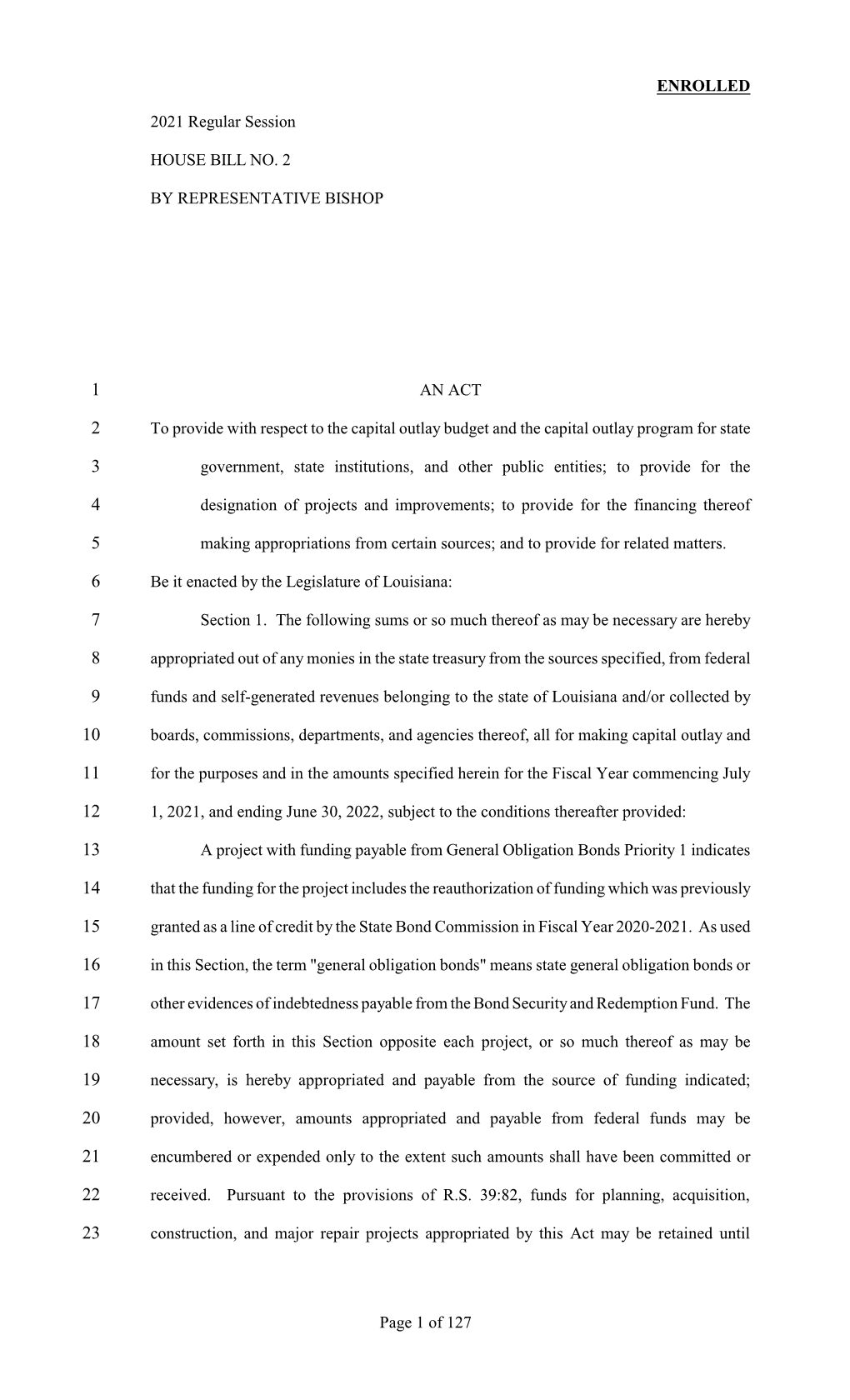 ENROLLED 2021 Regular Session HOUSE BILL NO. 2 BY