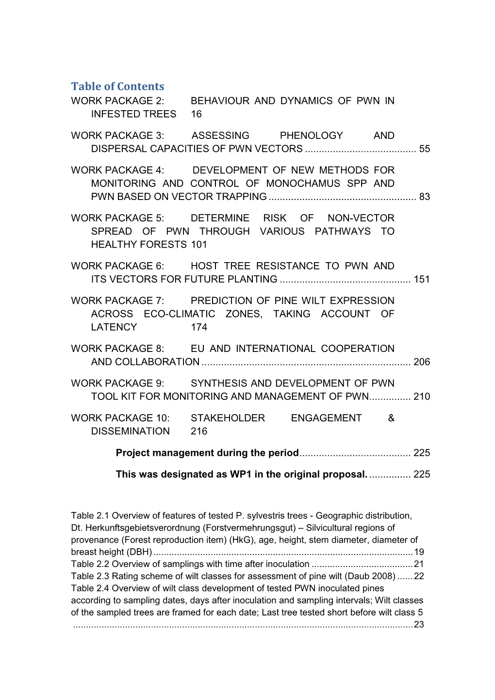 Table of Contents WORK PACKAGE 2: BEHAVIOUR and DYNAMICS of PWN in INFESTED TREES 16