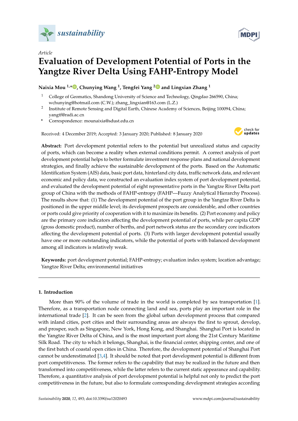 Evaluation of Development Potential of Ports in the Yangtze River Delta Using FAHP-Entropy Model