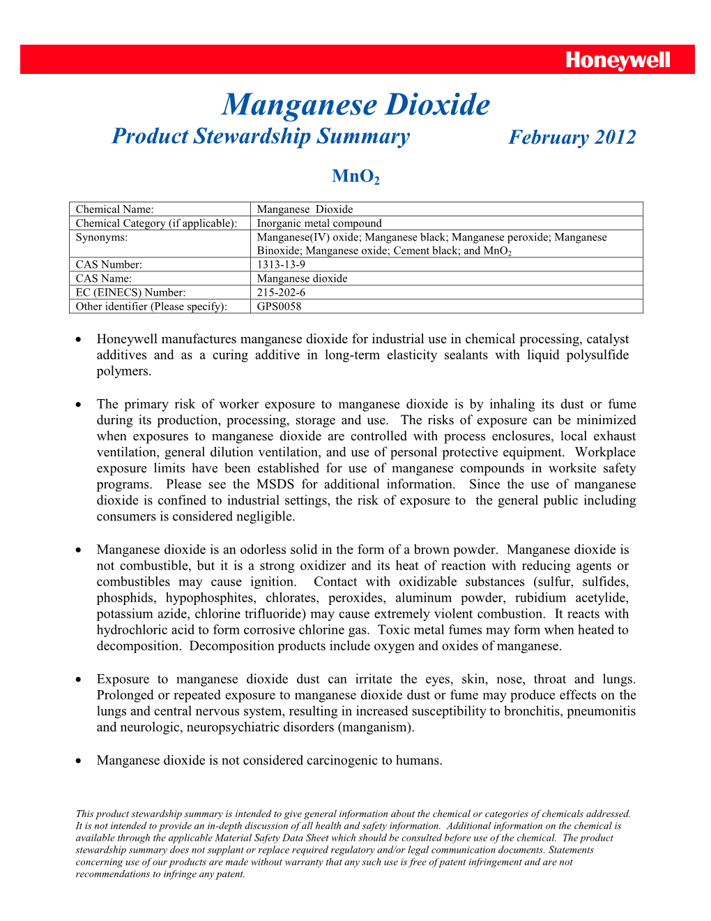 Manganese Dioxide Product Stewardship Summary February 2012