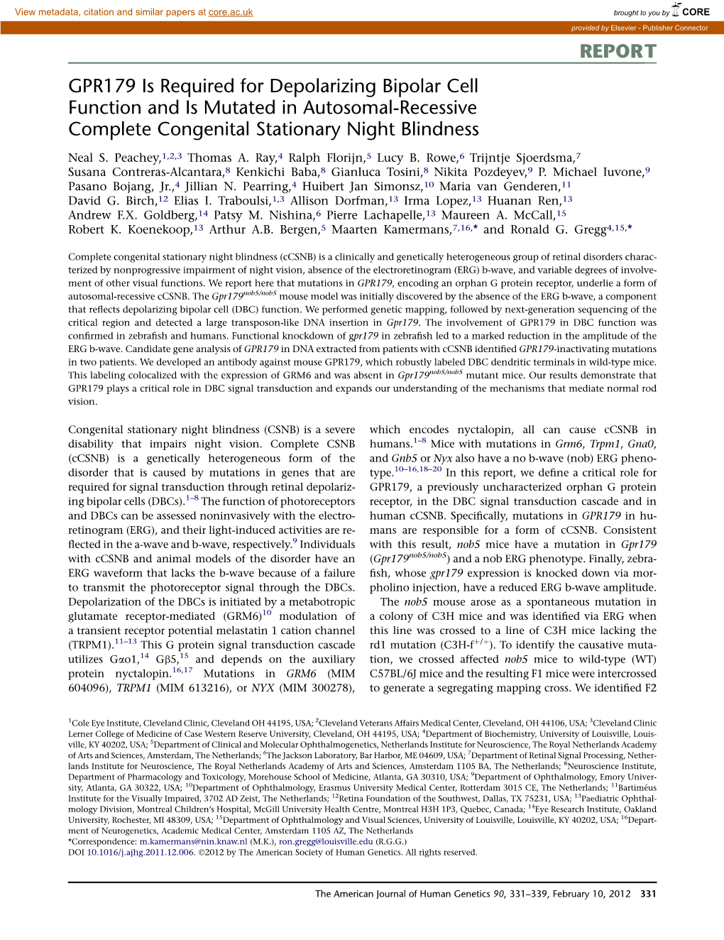 GPR179 Is Required for Depolarizing Bipolar Cell Function and Is Mutated in Autosomal-Recessive Complete Congenital Stationary Night Blindness