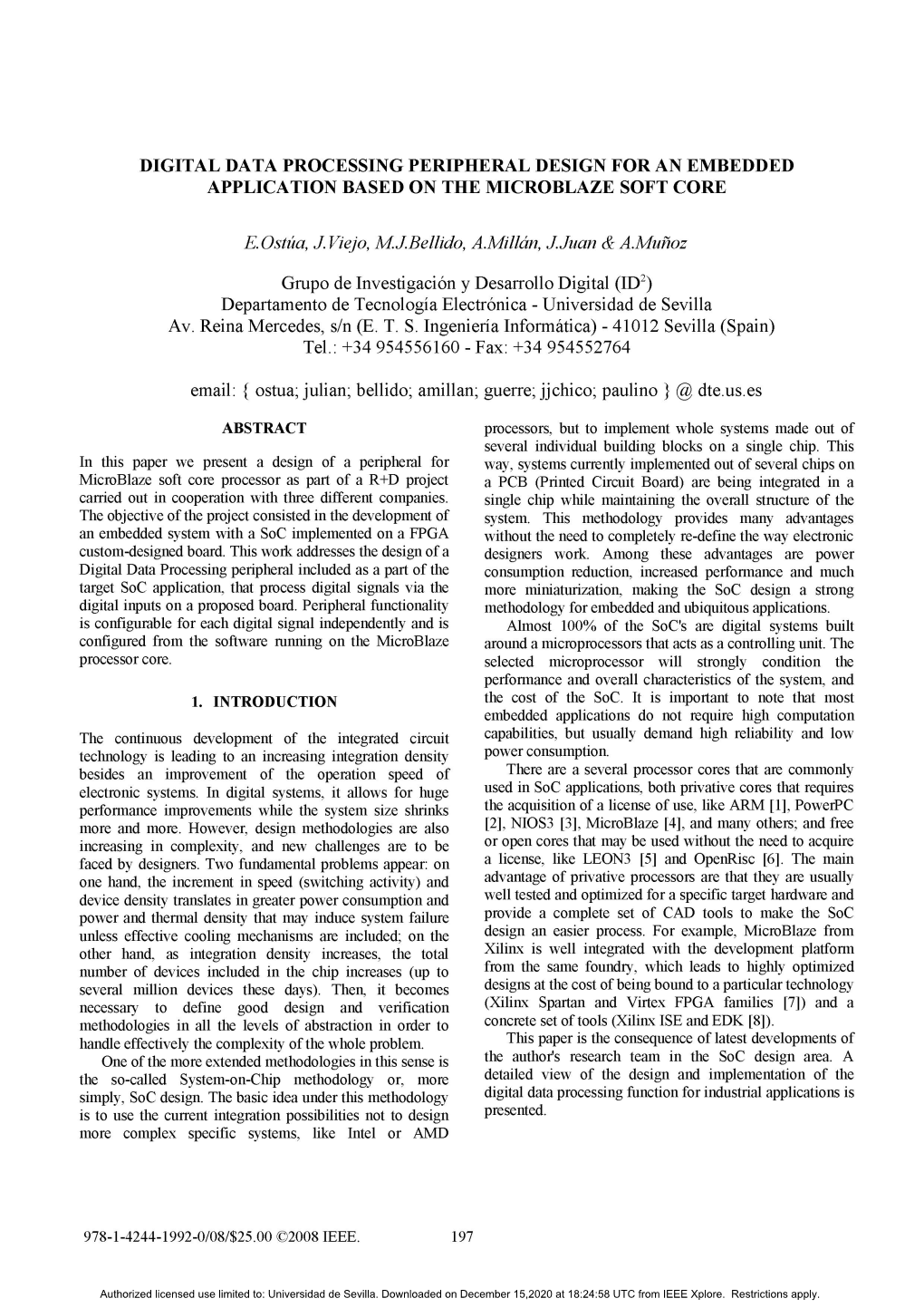 Digital Data Processing Peripheral Design for an Embedded Application Based on the Microblaze Soft Core