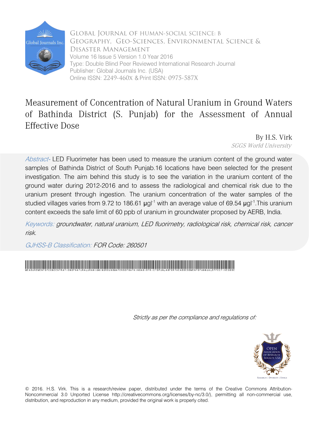 Measurement of Concentration of Natural Uranium in Ground Waters of Bathinda District (S