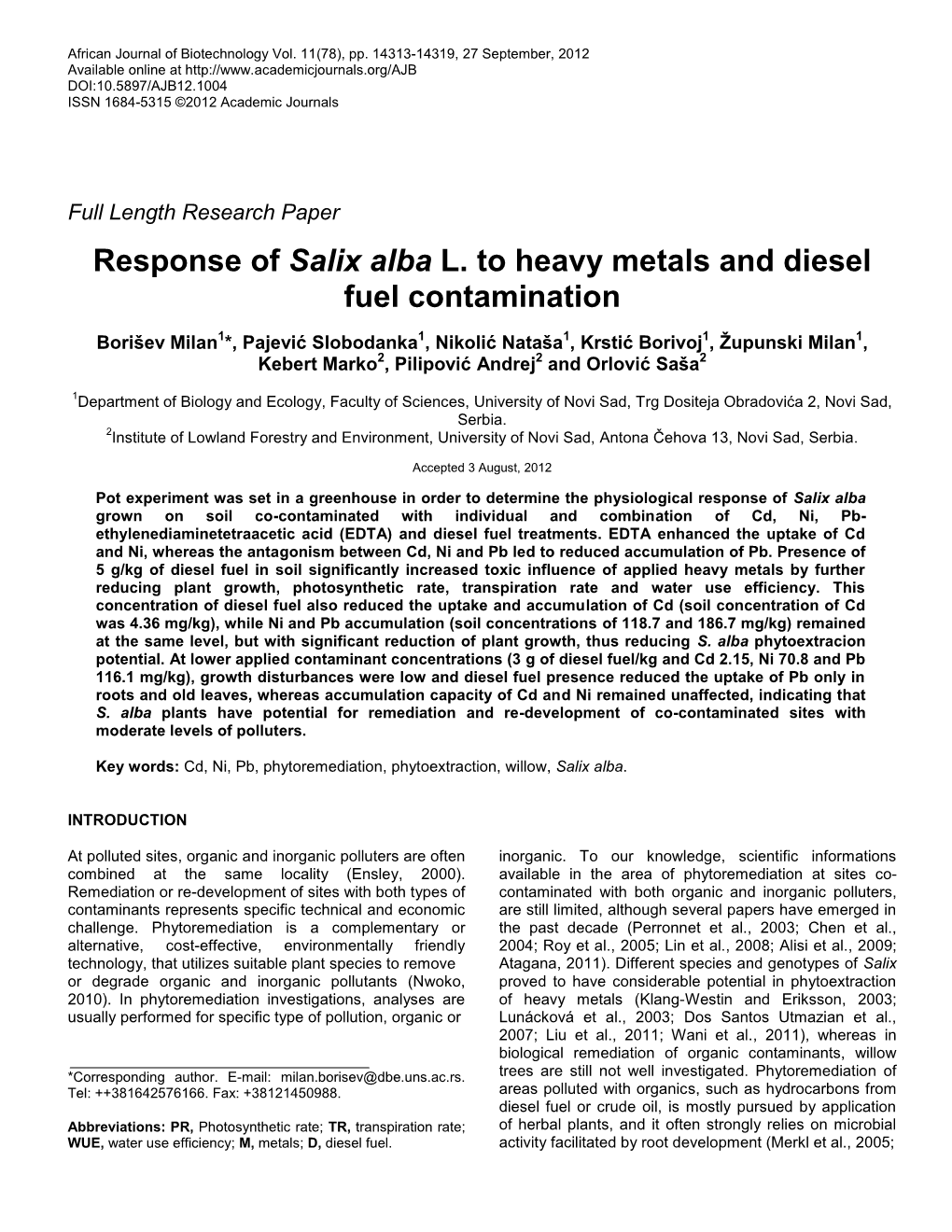 Efficiency of Salix Alba in Remediation of Contaminated Soils