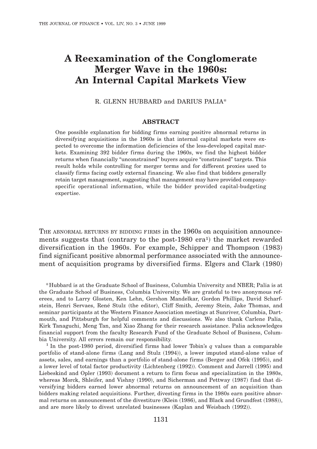 A Reexamination of the Conglomerate Merger Wave in the 1960S: an Internal Capital Markets View