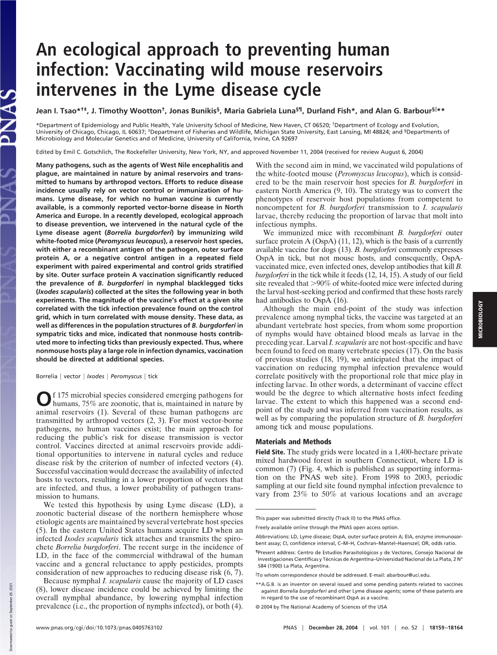 An Ecological Approach to Preventing Human Infection: Vaccinating Wild Mouse Reservoirs Intervenes in the Lyme Disease Cycle