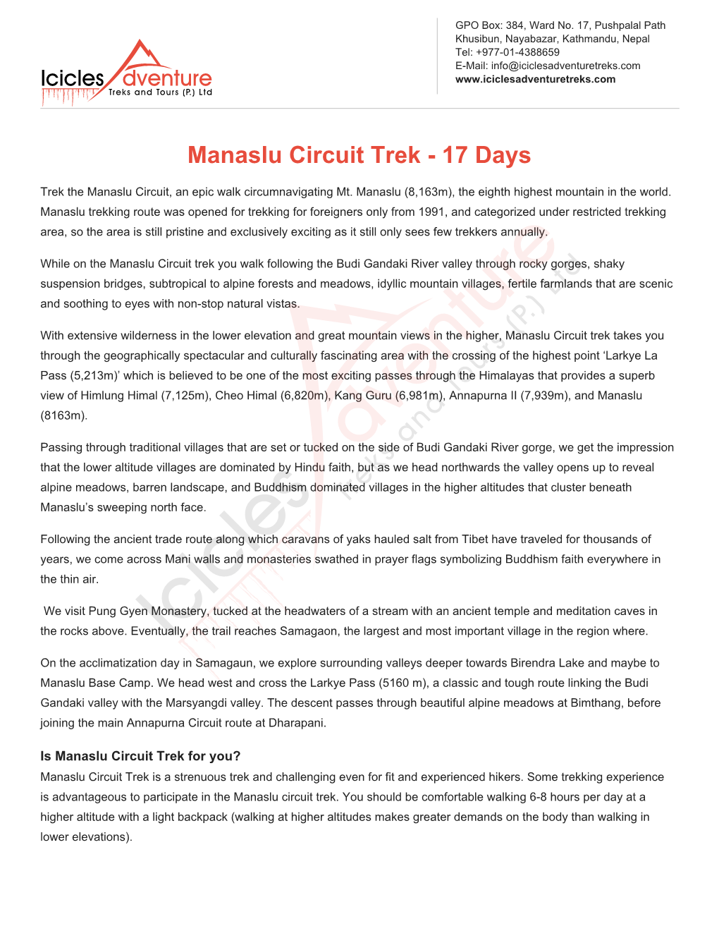 Manaslu Circuit Trek - 17 Days