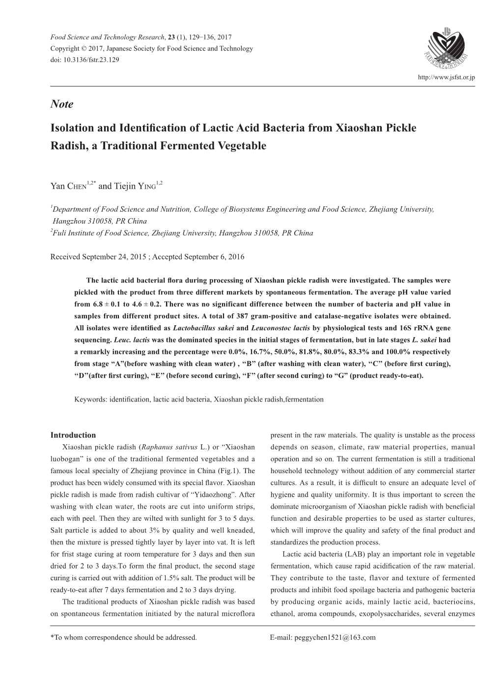 Note Isolation and Identification of Lactic Acid Bacteria from Xiaoshan