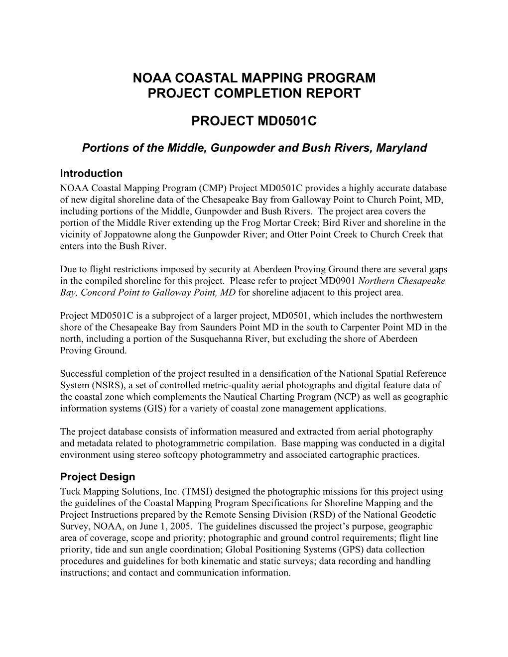 Noaa Coastal Mapping Program Project Completion Report