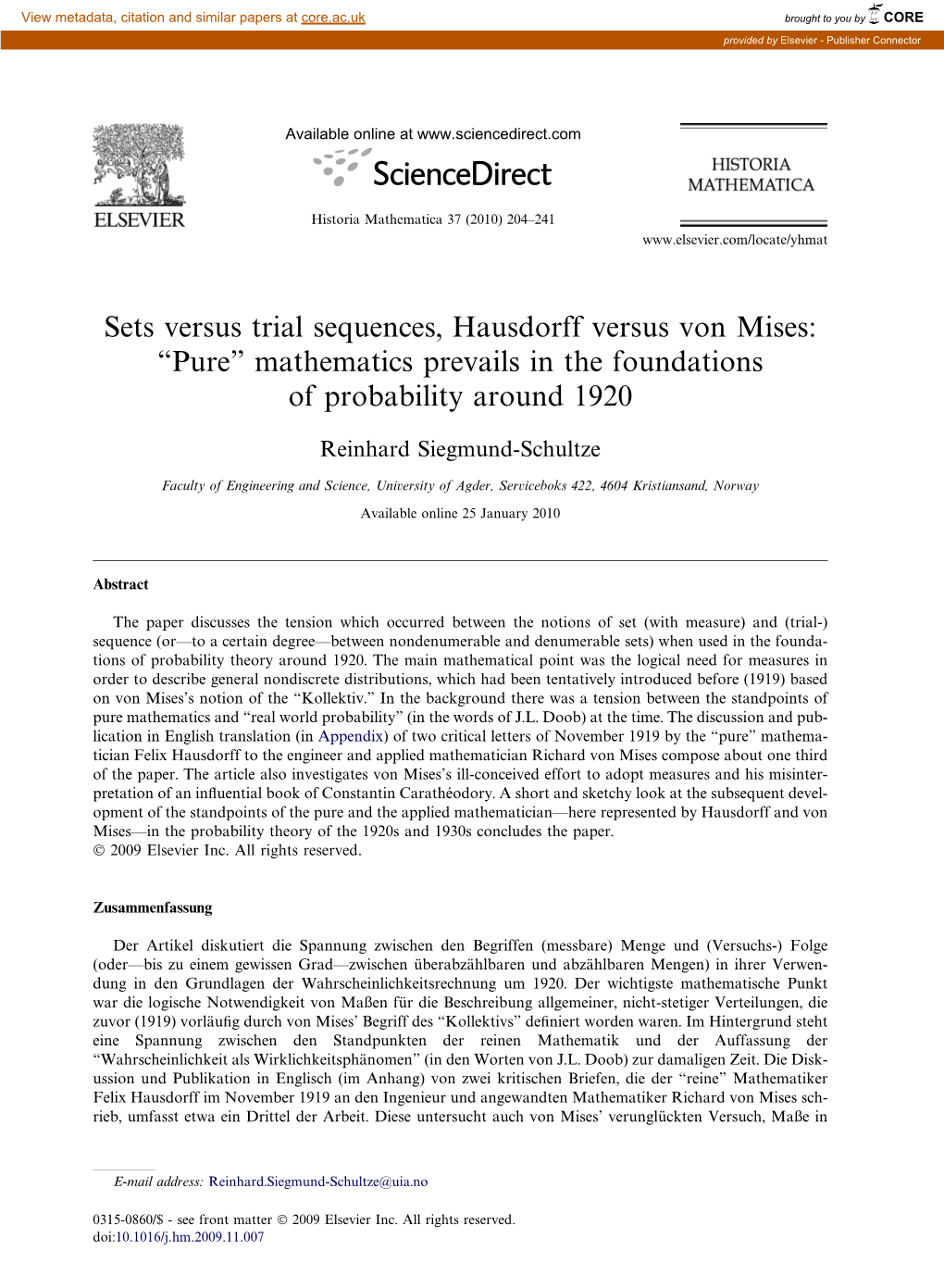 Sets Versus Trial Sequences, Hausdorff Versus Von Mises: “Pure” Mathematics Prevails in the Foundations of Probability Around 1920