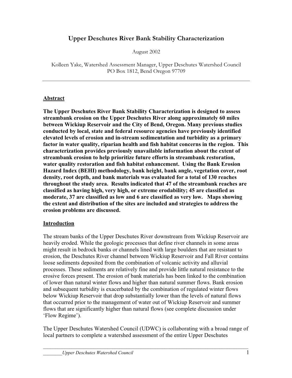 Upper Deschutes River Bank Stability Characterization