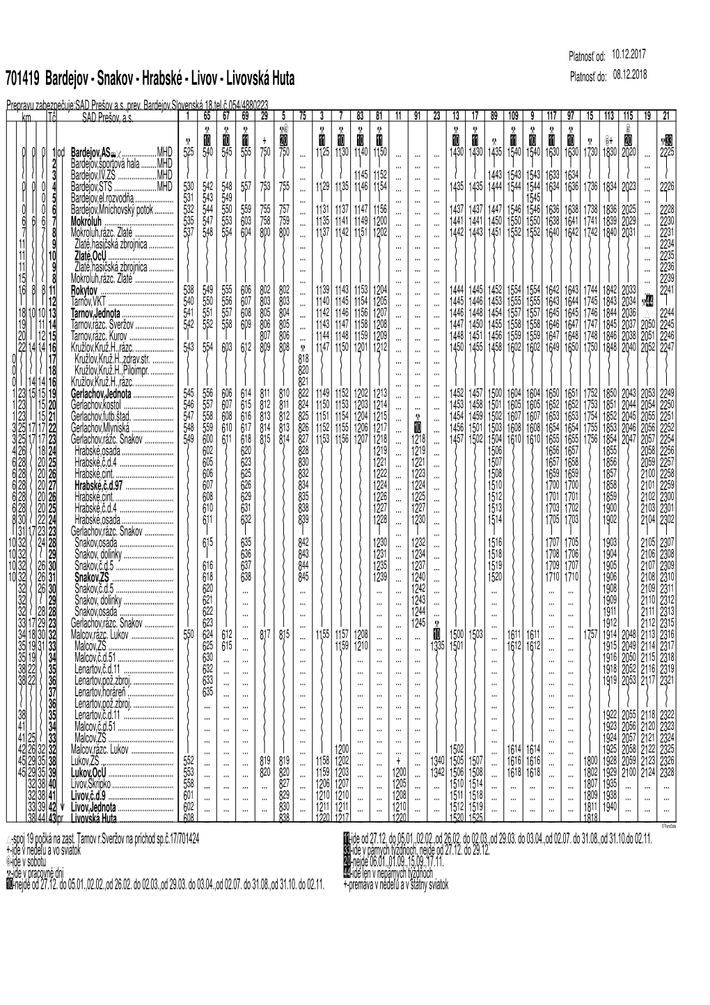 701419 Bardejov - Snakov - Hrabské - Livov - Livovská Huta Platnos Ť Do: 08.12.2018 Prepravu Zabezpe Čuje:SAD Prešov A.S.,Prev