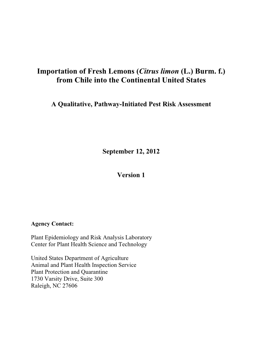 Importation of Fresh Lemons (Citrus Limon (L.) Burm